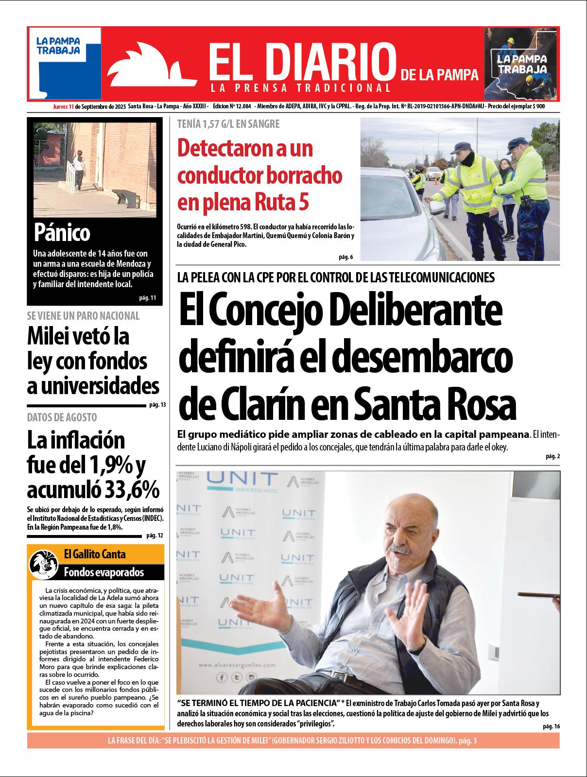 Tapa de El Diario en papel  jueves 11 de septiembre de 2025